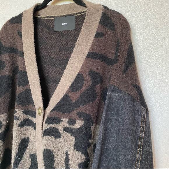 Latte Animal Print Denim Arm Cardigan Size Large - Picture 2 of 10